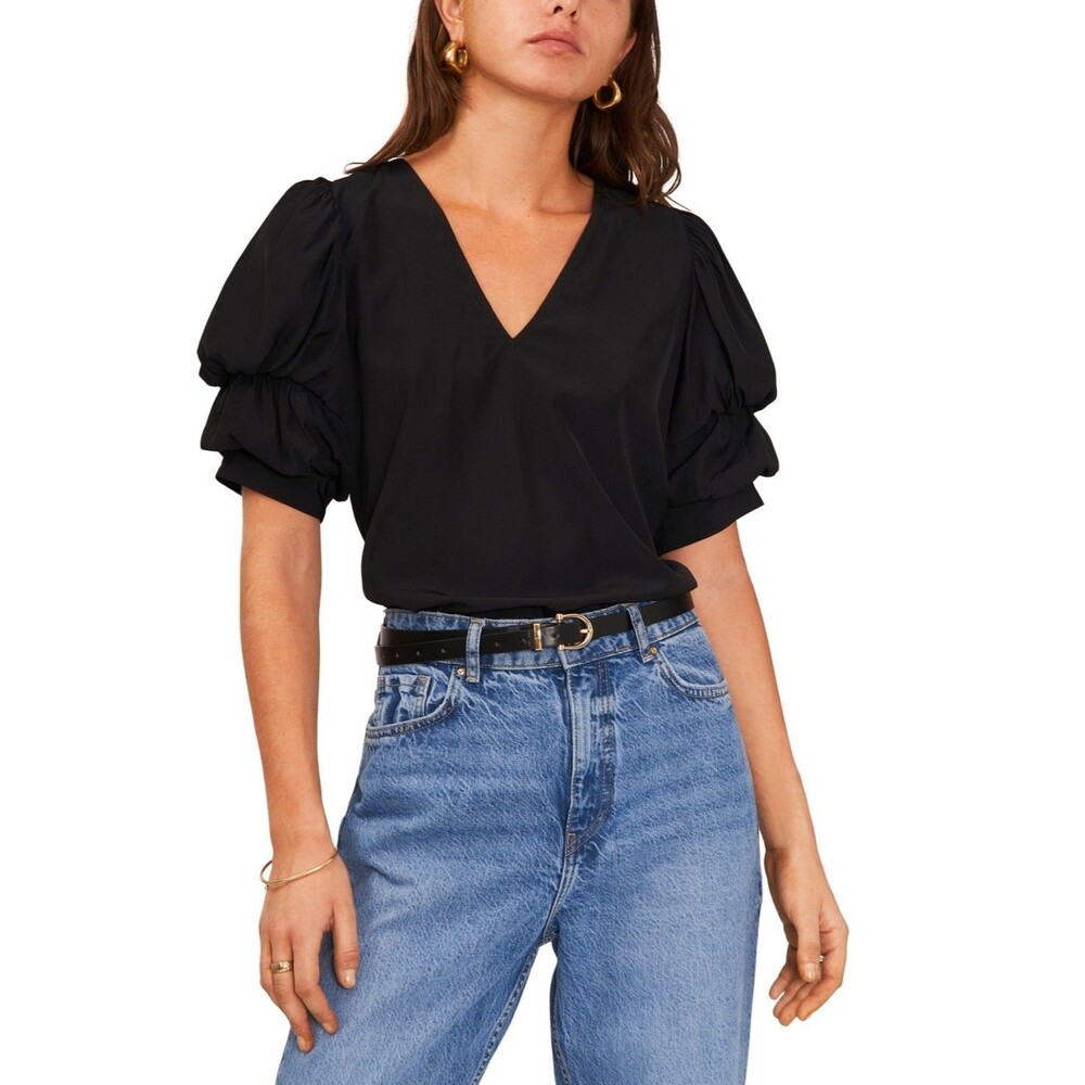 1.STATE Women's Tiered Bubble-Sleeve Blouse XL V-Neck Long Sleeve Polyester